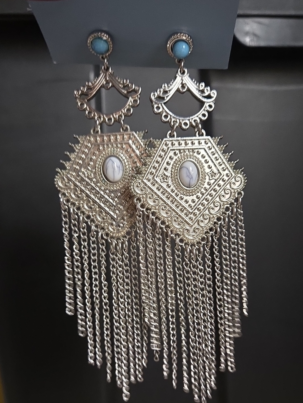 Vintage Silver Filigree Chandelier Earrings with Fuax Turquoise Studs - Picture 2 of 15